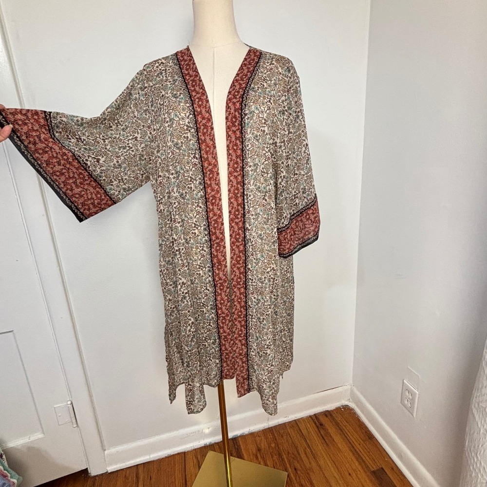 Maurices Kimono Boho Floral Paisley Longline Open Front Cottage Cardigan Women L